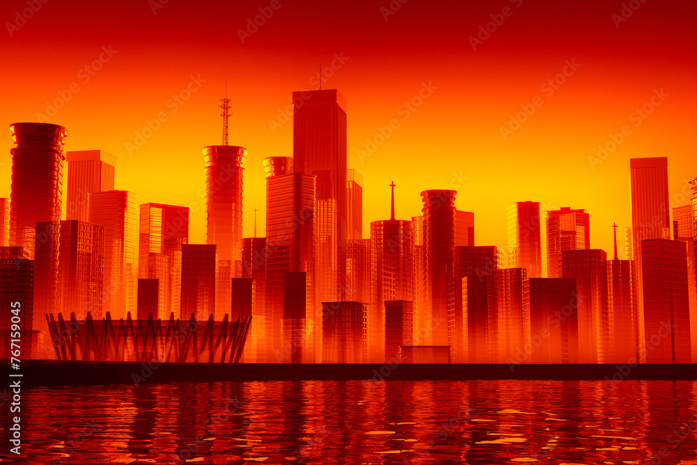 Majestic Orange Sunset and City Skyline Reflection on Tranquil Waters