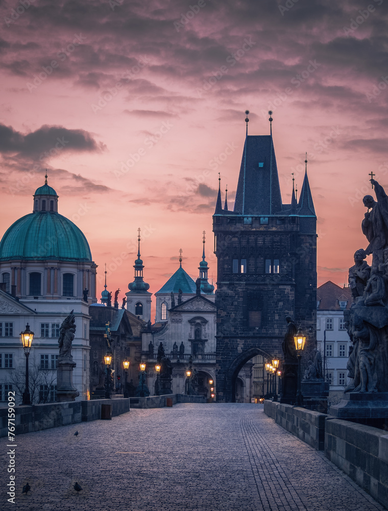 Vertical photo of Prague at dawn