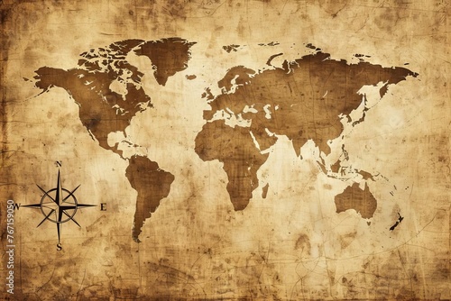 Vintage sepia toned world map with compass  old paper texture travel exploration concept illustration