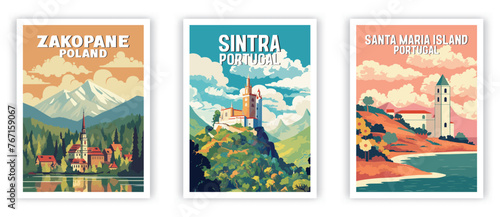 Zakopane, Sintra, Santa Maria Island Illustration Art. Travel Poster Wall Art. Minimalist Vector art © Duy