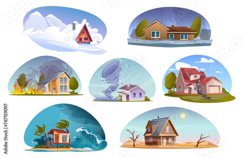 Natural disaster scenes. Different elemental calamity. Force majeure circumstances. Living houses destruction. Avalanche or flood. Dangerous hurricane. Vector climate catastrophes set