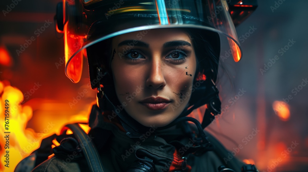/imagine prompt: Firefighter, A determined female firefighter in full gear, Fire station background 