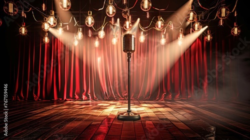 Stage with red curtains, microphone and spotlight.. Theatre, cabaret or comedy show or opera music c