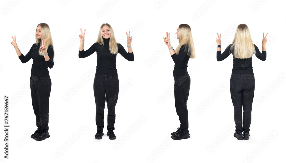 various poses of the same woman showing victory sign on white background various poses of the same woman showing victory sign on white background