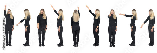 various poses of the same woman pointing on white background