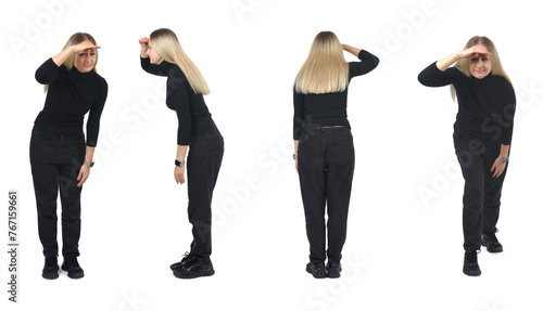 various poses of group of same woman looking away with hand on forehead on white background
