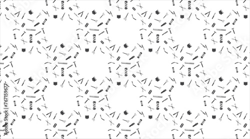 Seamless Pattern of  Barbershop equipment. Black barbershop seamless background. Hair salon and beauty seamless pattern.
