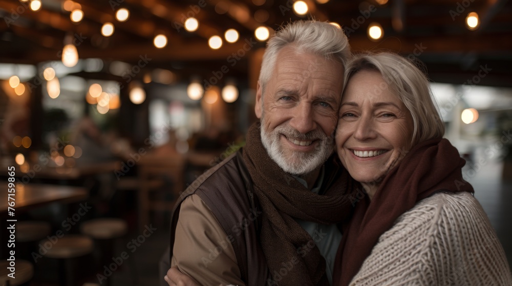 Cheerful senior couple enjoying a happy moment together, smiling while seated in a restaurant cafe bar - Concept of joyful retirement and active mature lifestyle
