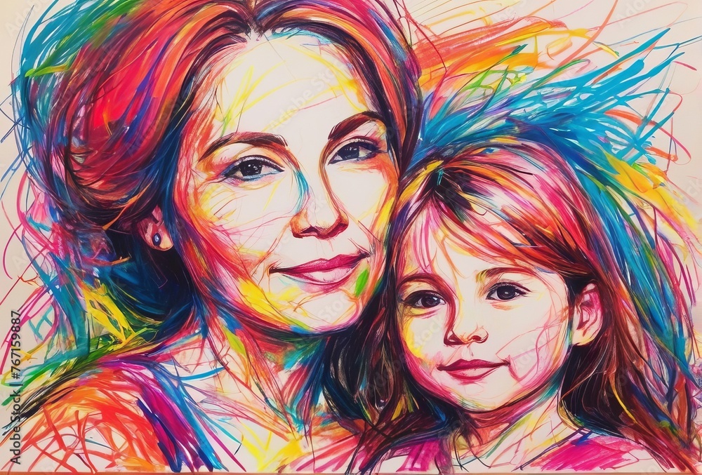 Obraz premium Mother and daughter in chaotic crayon drawing style
