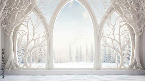 white arch with a window  in a fantasy background  winter landscape  fantasy forest  trees  arch wall design