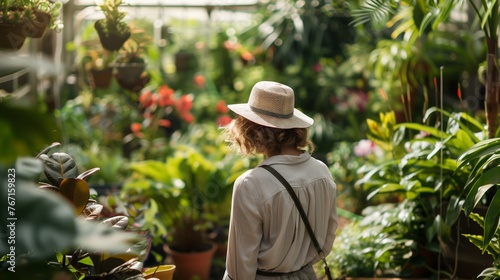 /imagine prompt: Gardener, A talented woman gardener tending to a lush botanical garden, Greenhouse background 