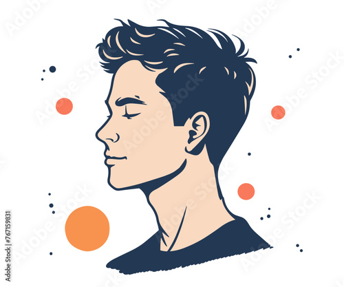 Young man with closed eyes face with expression of pleasure head side profile vector illustration isolated.