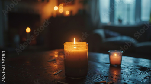 two burning candles on a table in the dark room