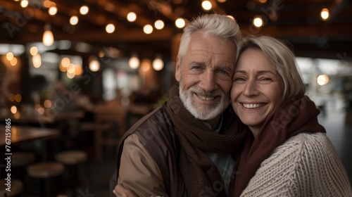 Cheerful senior couple enjoying a happy moment together, smiling while seated in a restaurant cafe bar - Concept of joyful retirement and active mature lifestyle 