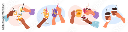 Hands with glasses. Holiday party cheers. People clink cups. Soda can. Alcoholic cold cocktail. Hot drinks. Success or event celebrating. Coffee mug. Beverage toast. Garish vector set