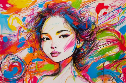 Colorful chaotic portrait of woman in crayon drawing style