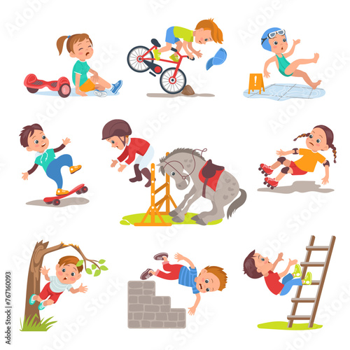 Falling kids. Cute boys and girls stumble and slip. People lose their balance at skateboard or bicycle. Crying children. Injuries and bruises. Teenager climbing tree. Splendid vector set