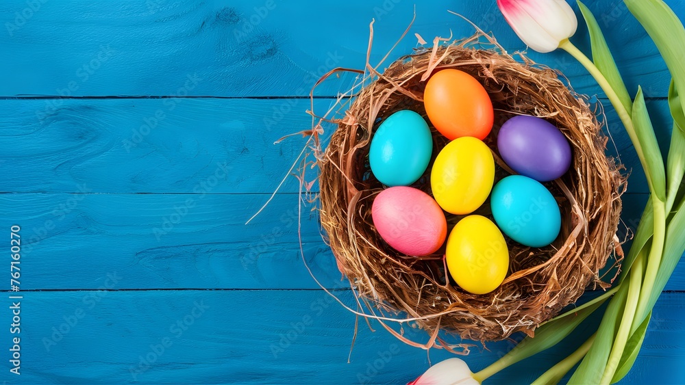 Display Colorful Easter eggs nest with tulip flower on blue wooden Display Colorful Easter eggs nest with tulip flower on blue wooden