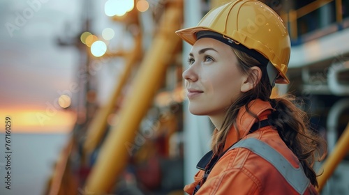  Oil rig worker, A capable woman working on an offshore oil rig, Oil rig platform background  photo