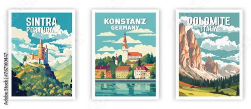 Sintra, Konstanz, Dolomite Illustration Art. Travel Poster Wall Art. Minimalist Vector art