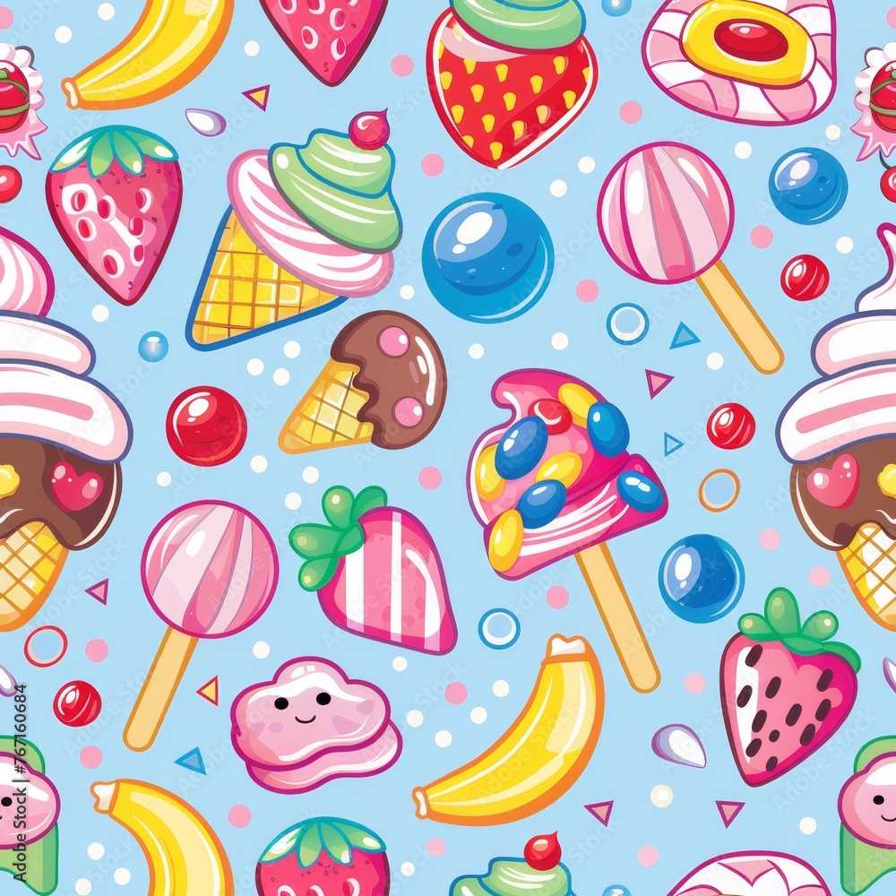 summer pattern background with desserts and fruits sweets