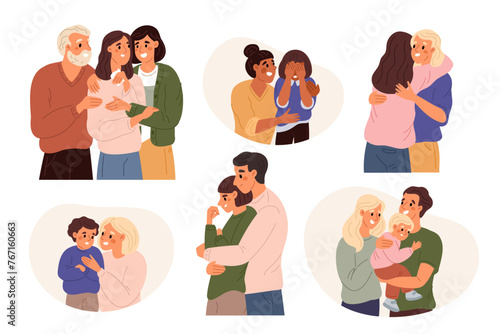 Adults and kids psychological support. Friends comfort sad. Condoling to upset people. Parents reassure depressed children. Hugs and condolences. Empathy and compassion. Garish vector set
