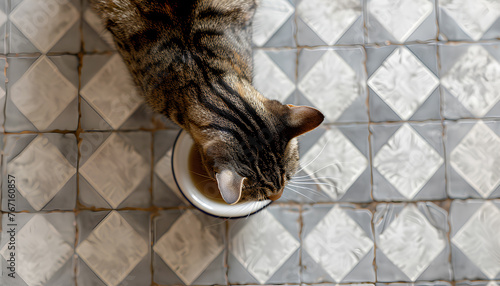cat asks to eat from an empty bowl against the background of a white kitchen photo