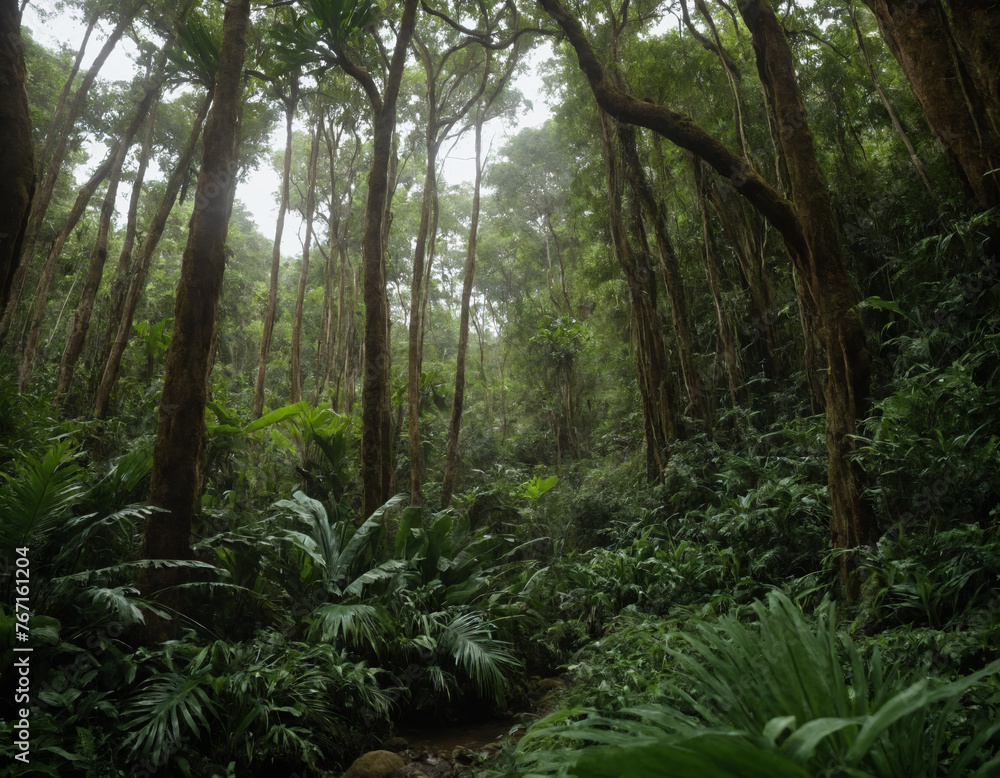 Verdant Tropical Jungle with Towering Trees and Sunlight Verdant Tropical Jungle with Towering Trees and Sunlight