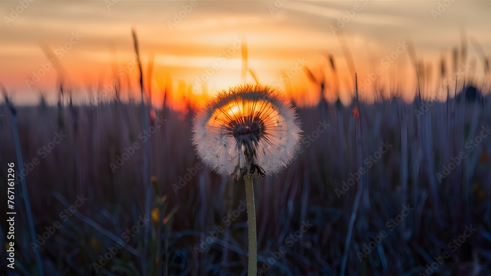Dry field at sunset provides backdrop for lonely dandelion