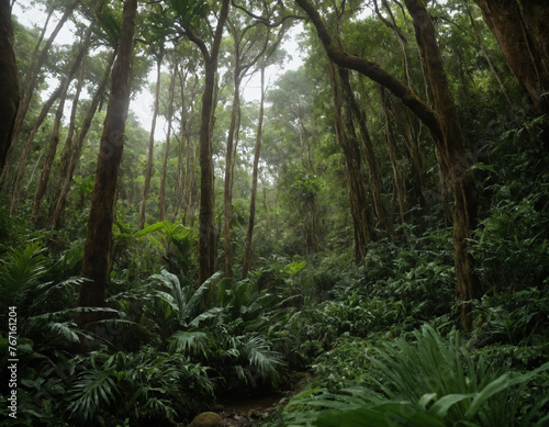 Verdant Tropical Jungle with Towering Trees and Sunlight