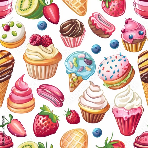 summer pattern background with desserts and fruits sweets