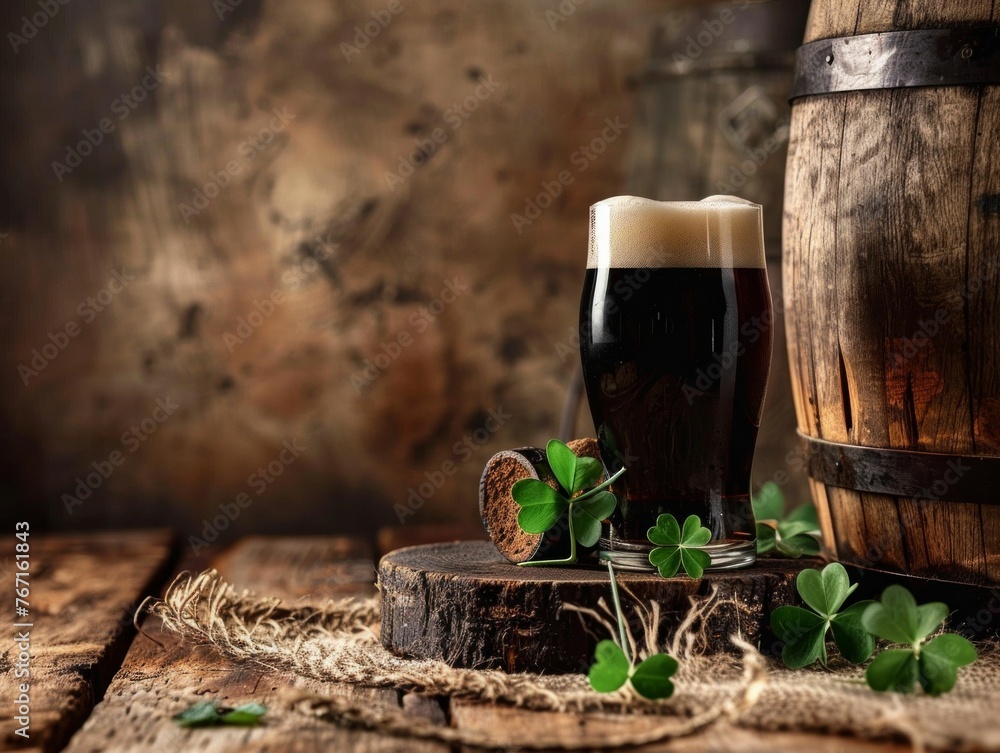 St. Patrick's Day Dark Beer and Clover on the wood table - obrazy, fototapety, plakaty 