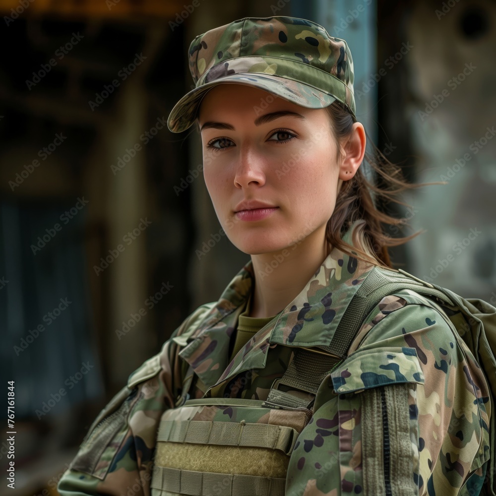 soldier, A brave woman in military uniform standing at attention, Army base background, woman, diversity soldier, A brave woman in military uniform standing at attention, Army base background, woman, diversity