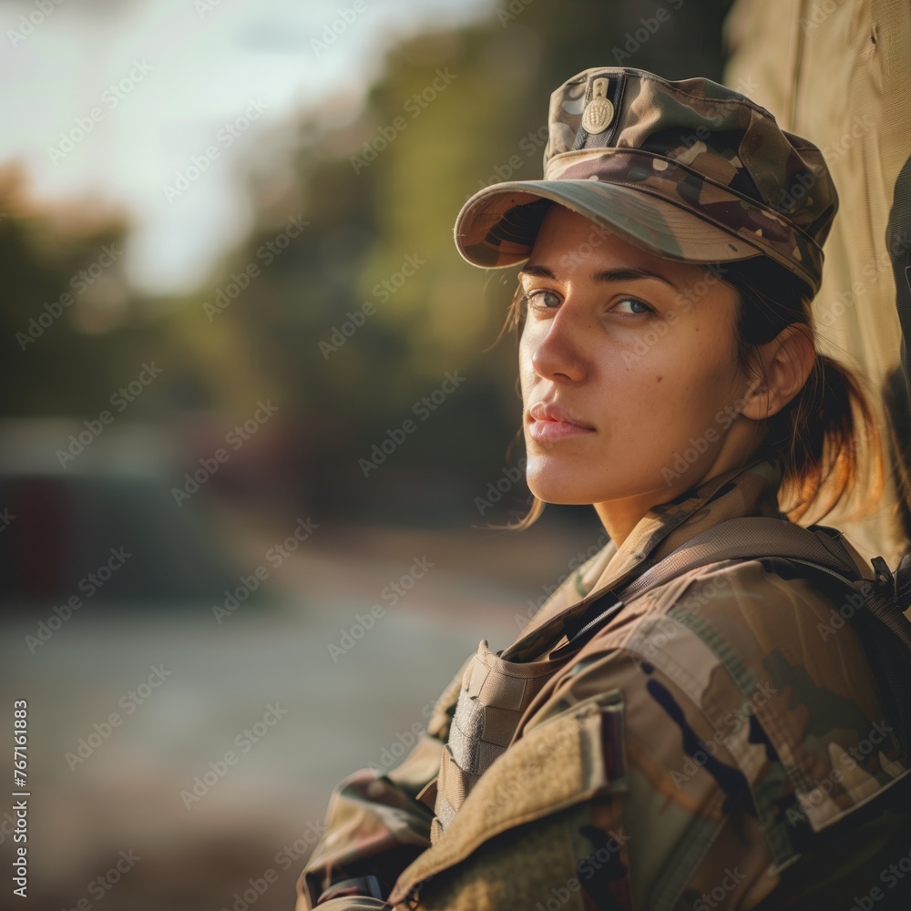 soldier, A brave woman in military uniform standing at attention, Army base background, woman, diversity soldier, A brave woman in military uniform standing at attention, Army base background, woman, diversity