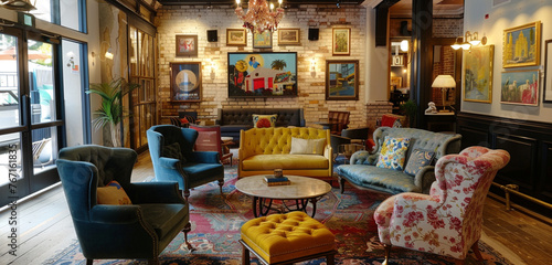 A boutique hotel lobby with vintage-inspired decor, cozy seating nooks, and quirky artwork, evoking a sense of nostalgia and charm for guests to enjoy