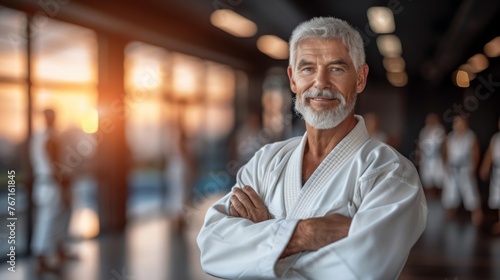Adult experienced trainer wearing white kimono learning fighting jiu jitsu aikido. Smiling friendly  photo