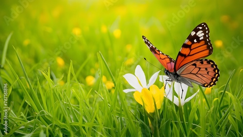Easter spring background with fresh butterfly and yellow green grass © Muhammad Ishaq
