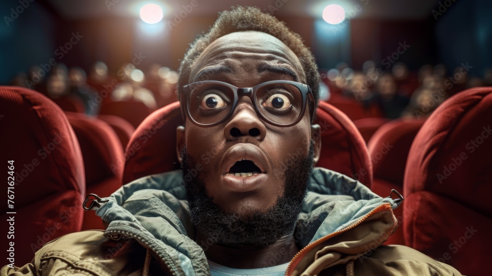African American man scared shocked or impressed with eyes wide open. Enjoy watching horror movie or - obrazy, fototapety, plakaty 