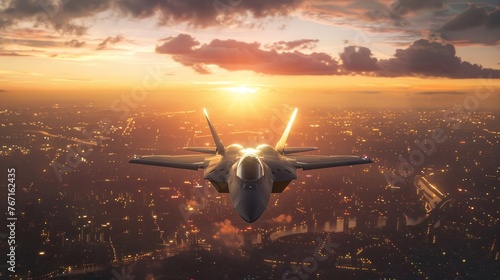 Jet fighter patrolling cities at sunset, symbolizing military protection #767162435