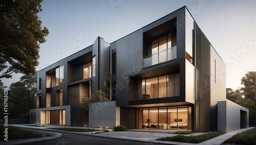 Modern architecture, a contemporary multi-story building exterior at dusk with illuminated windows and minimalist design.