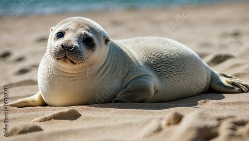 A charming seal pup lies on a sandy beach, its large eyes and smooth coat basking in the sunlight.