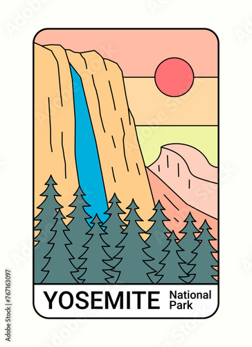 The Yosemite National Park mono line graphic illustration vector for t-shirt, badge, poster design