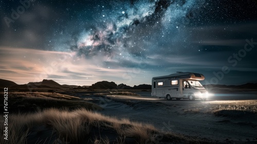 Motor home caravan camping car RV driving through a sustainable environmental landscape with starry 