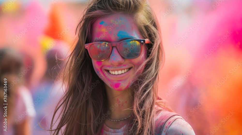 A woman with colorful face paint and sunglasses is smiling