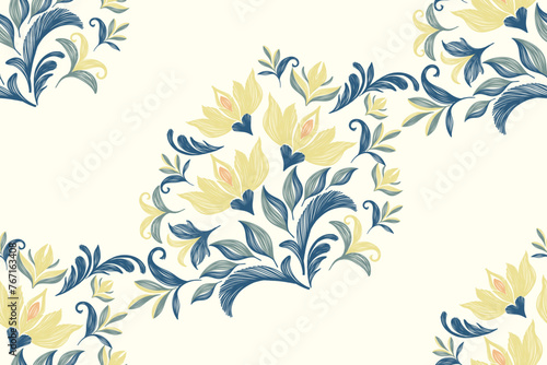 Vintage flower pattern seamless ikat embroidery ethnic design. Vector illustration multicolour lotus floral motifs background border texture print template. 