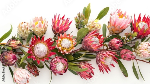 Colorful protea flowers against white background, evoking tranquility.