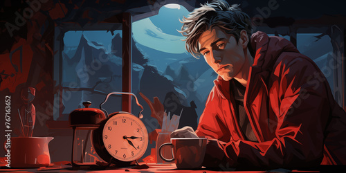 Portrait of a man in a red raincoat sitting at a table in a cafe.