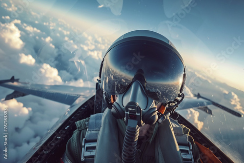 Portrait of a fighter pilot in an aircraft cockpit in the sky during aviator military mission. 
