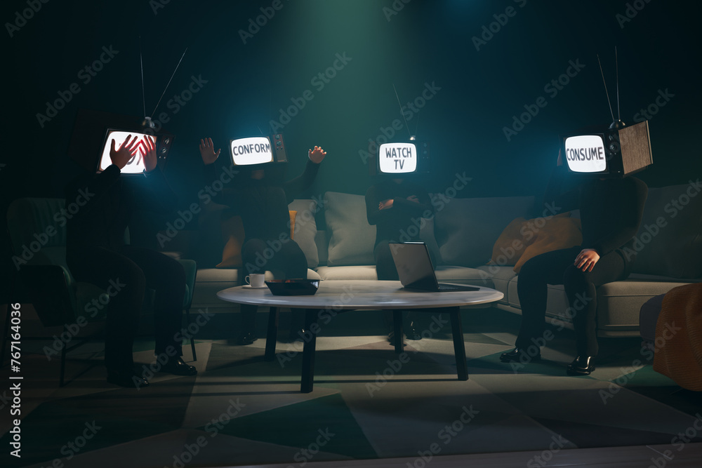 Surreal Representation: Individuals with TV Heads Portraying Subliminal Commands