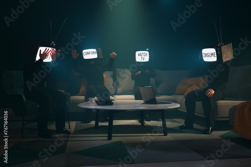 Obraz na płótnie Surreal Representation: Individuals with TV Heads Portraying Subliminal Commands w salonie